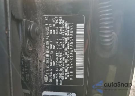 2013 Kia Sorento Lx z USA, uszkodzony, nr VIN 5XYKT3A65DG355962